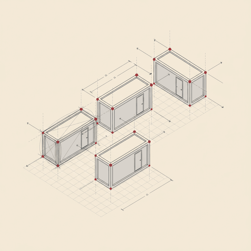 Axonometric exploded view of modular building components on a grid