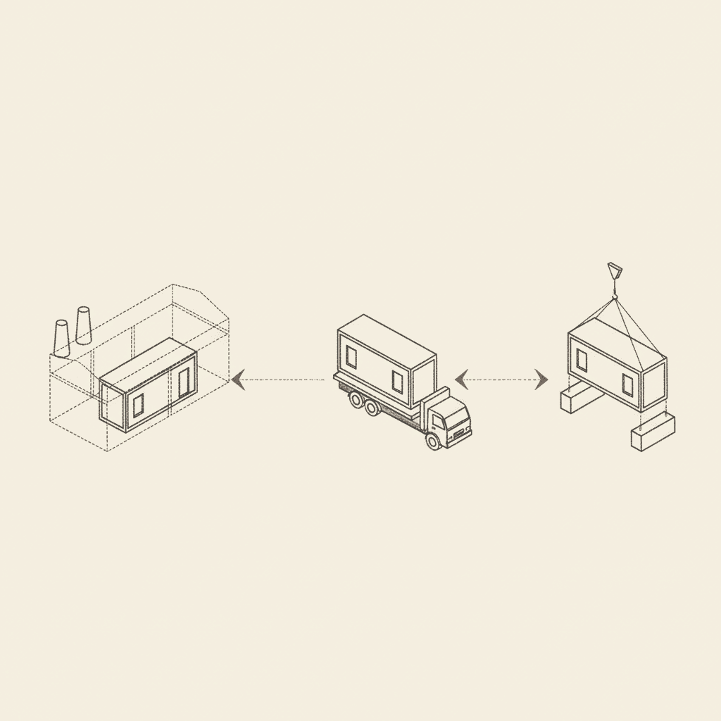 Factory to truck to crane site assembly sequence