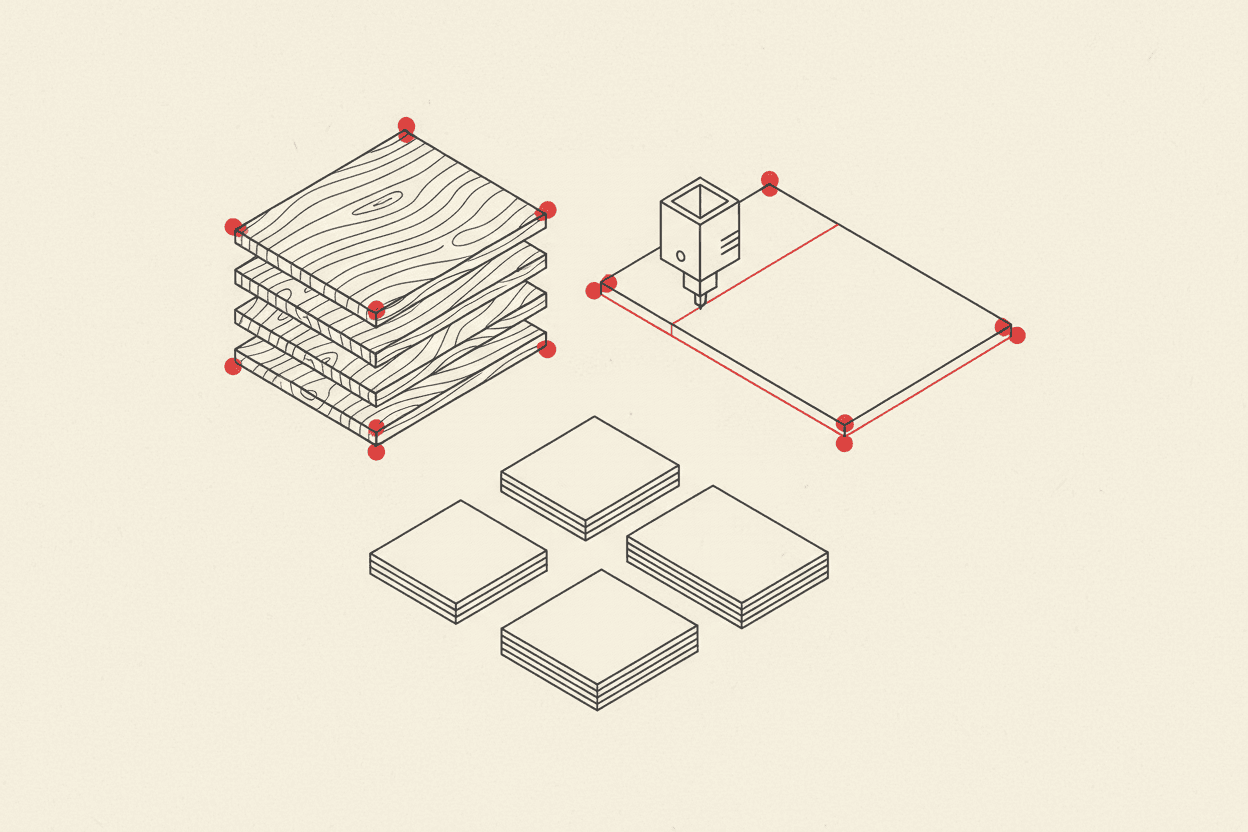 Cross-laminated timber system: layered panels, CNC cutting, flat-pack stacking