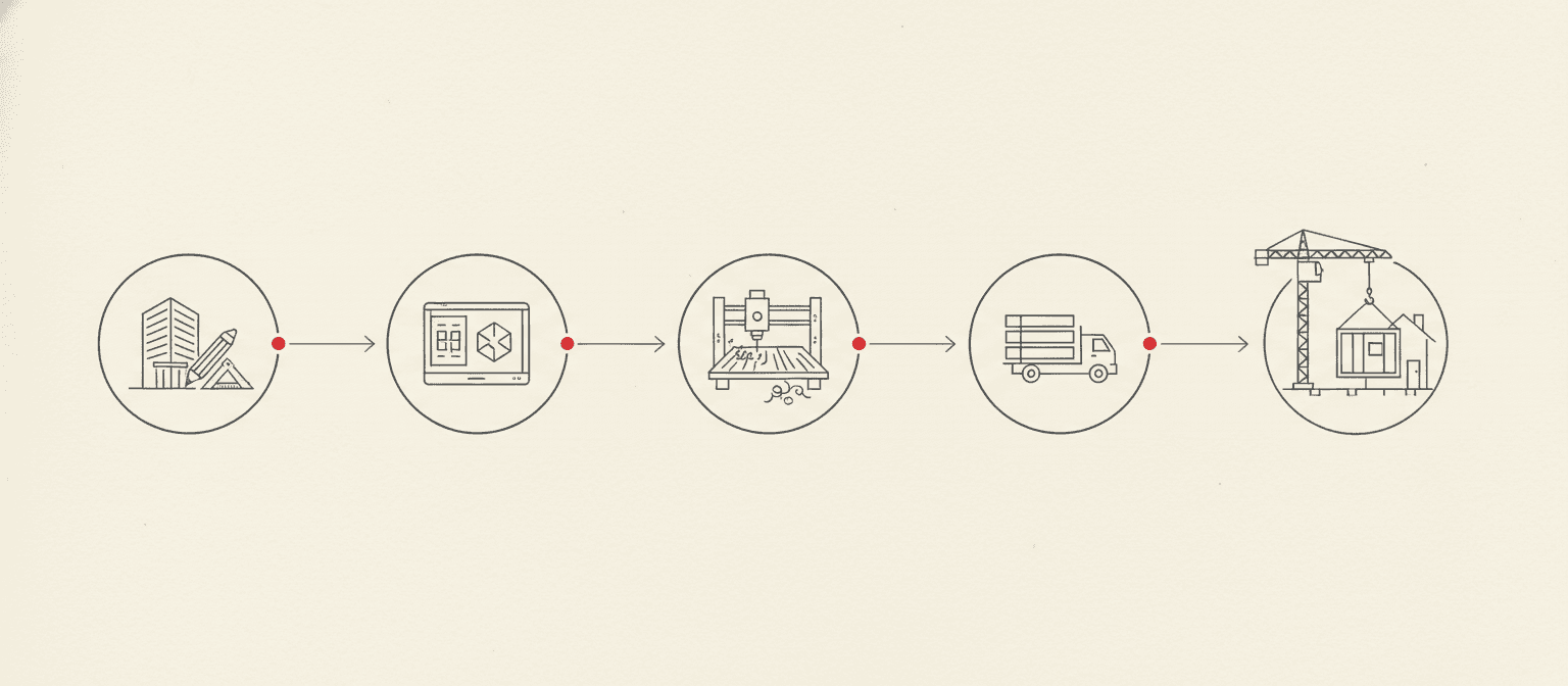 Five-stage pipeline: design, DfMA optimisation, CNC manufacturing, transport, site assembly